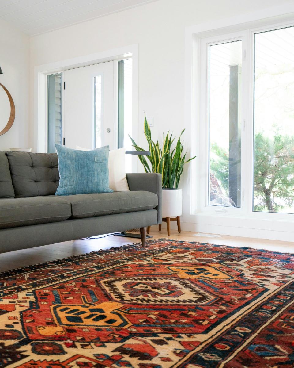 Bright living room with patterned rug and sofa